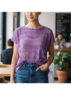 Aeropostale S/P Lace Front Purple T-Shirt For Women Cotton/Polyester Blend Casua